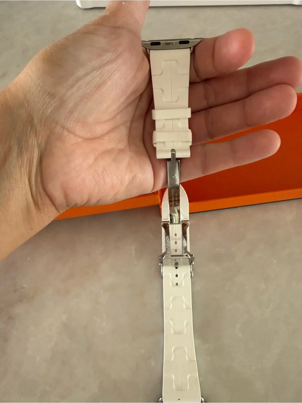 Apple Hermes White Silicone Apple Watch Strap with Silver Hardware & Orange Box